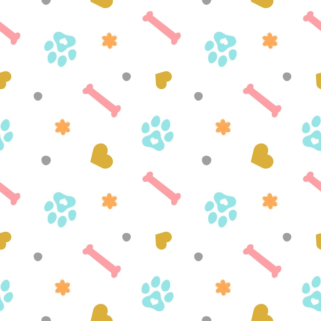귀여운 다채로운 애완 동물 발과 뼈는 매끄러운 패턴 디자인을 좋아합니다.