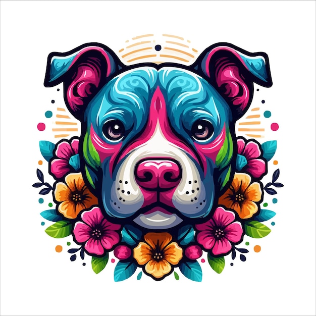 cute colorful pitbull head with Flowers on the side