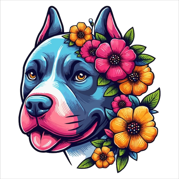 cute colorful pitbull head with Flowers on the side