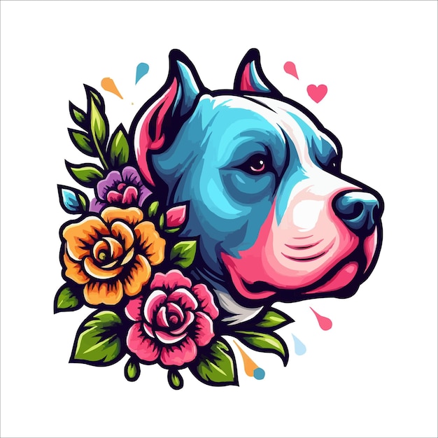 cute colorful pitbull head with Flowers on the side