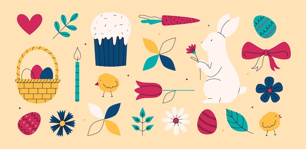 Carino set colorato per la felice pasqua uova di coniglio fiori e pulcini illustrazioni vettoriali di vacanza minimalistiche di tendenza decorazione del sito web