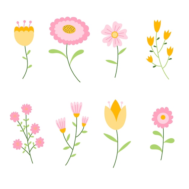 Cute colorful set of vector floral elements spring collection of flowers and plants in bright colors