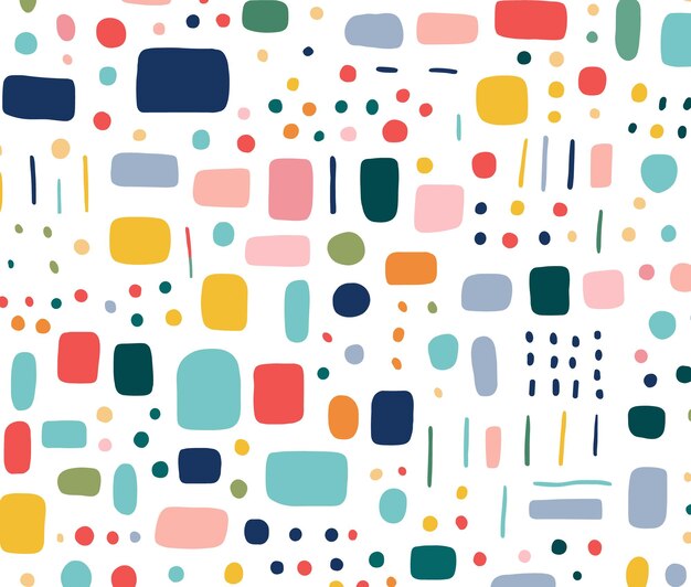 Cute colorful simple doodle cartoonish confetti pattern on white background with large squares