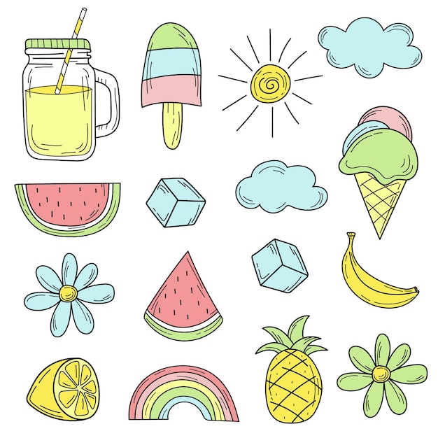 Cute colorful summer icons. hand drawn set of summer elements for design