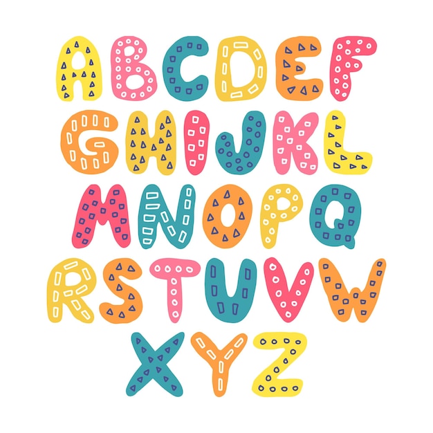 Cute colorful vector English alphabet for kids in Handdrawn style