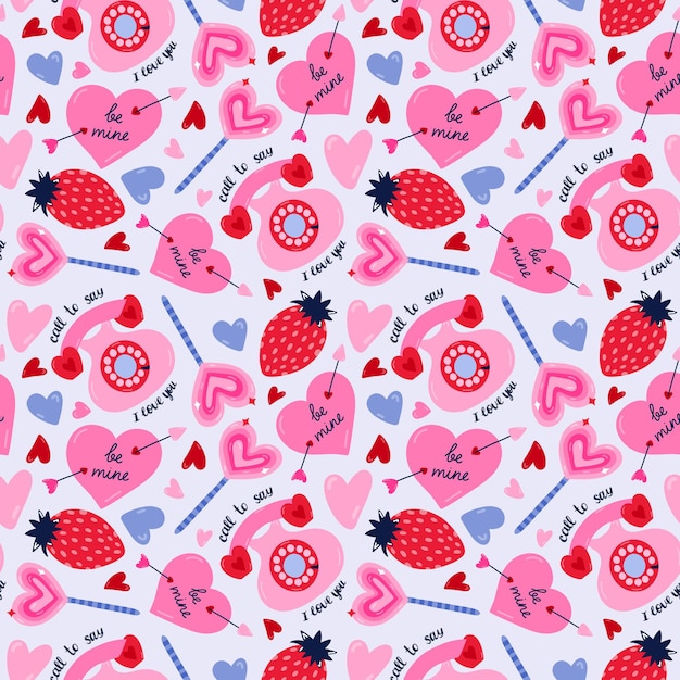 Cute colorful vector seamless hand drawn pattern with retro phone heart pierced by arrow strawberry Valentine39s day illustrations For wrapping paper bedclothes notebook packages gift paper