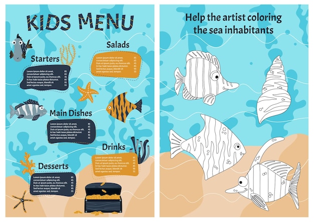 Симпатичный красочный векторный шаблон для детского меню с морскими животными и логической детской игрой в мультяшном стиле