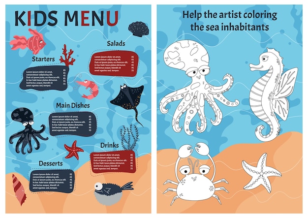 Cute colorful vector template for children's menu with sea animals and logical children's game cartoon style