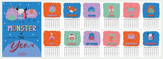 Vector cute colorful wall calendar with funny scandinavian style monster illustration