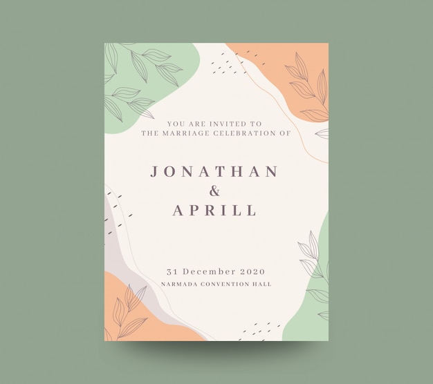 Cute colorful wedding invitation template with floral line art design