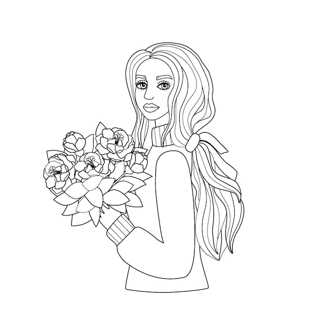 Cute coloring book with a girl with long hair flowers in her hands silhouette of a young woman autumn mood simple sketch linear art