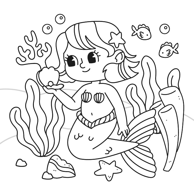 Vector cute coloring book with mermaid