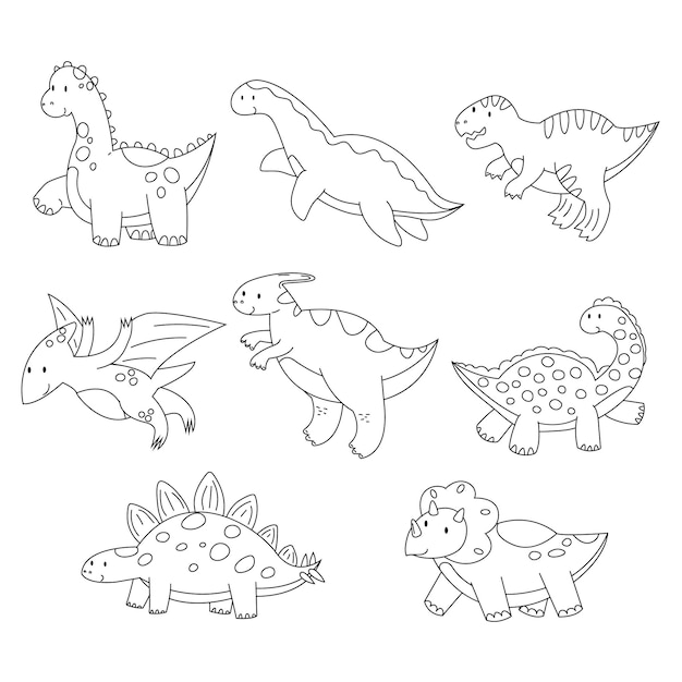 Vector cute coloring dinosaur dino for kid  books cartoon children game black and white flat vector