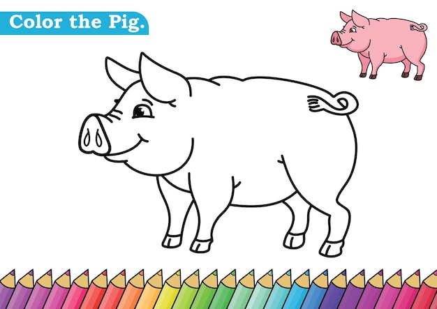 돼지 그림이있는 아이들을위한 귀여운 색칠 색칠하기 책 페이지의 벡터 일러스트 색상 수 있습니다