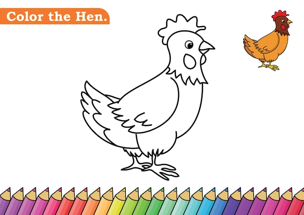 Colorazione carina per bambini con foto di gallina illustrazione vettoriale della pagina del libro da colorare consente di colorare