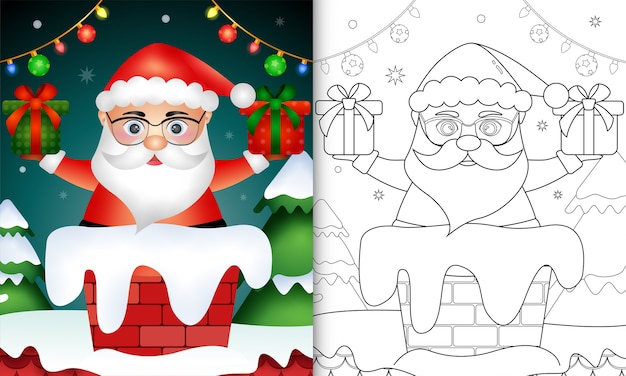 Cute coloring for kids with santa claus in chimney