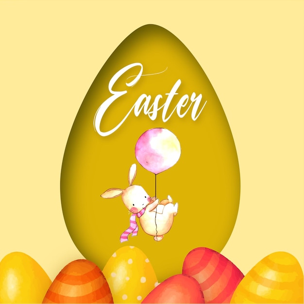 Cute Colourful Happy Easter Sale Poster Banner Beige Yellow Background with Eggs Free Vector