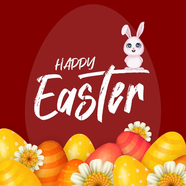 Cute Colourful Happy Easter Sale Poster Banner Maroon Yellow Background with Eggs Free Vector