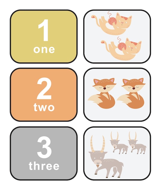 Cute colourful numbers flashcard for kids learning to count Front and back cards with animals