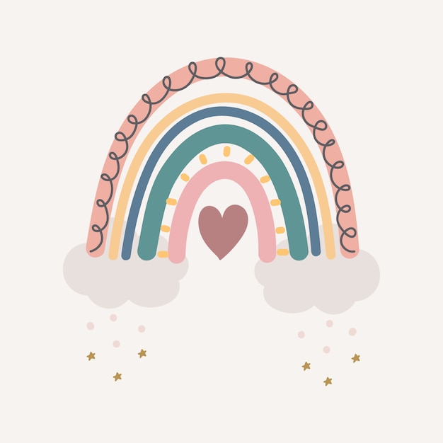 Cute colourful rainbow with drops and heart isolated.