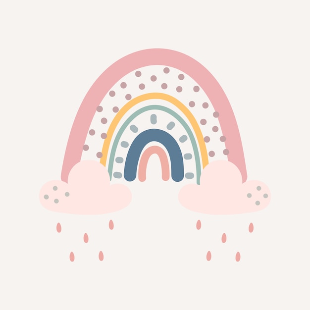 Vector cute colourful rainbow with drops and heart isolated.