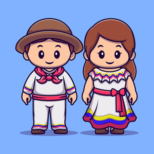 Cute columbia girl and boy in traditional dress country cartoon vector icon illustration
