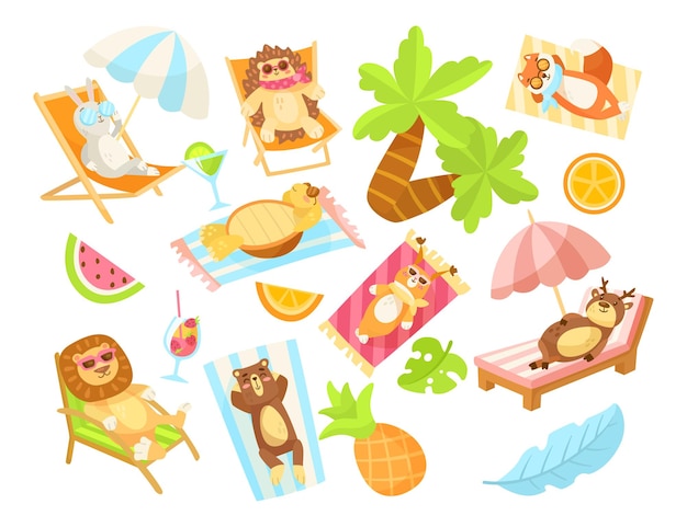 Cute comic animals relaxing on beach vector illustrations set. funny wild animal cartoon characters on sun loungers or beach towels isolated on white background. summer, holiday, wildlife concept