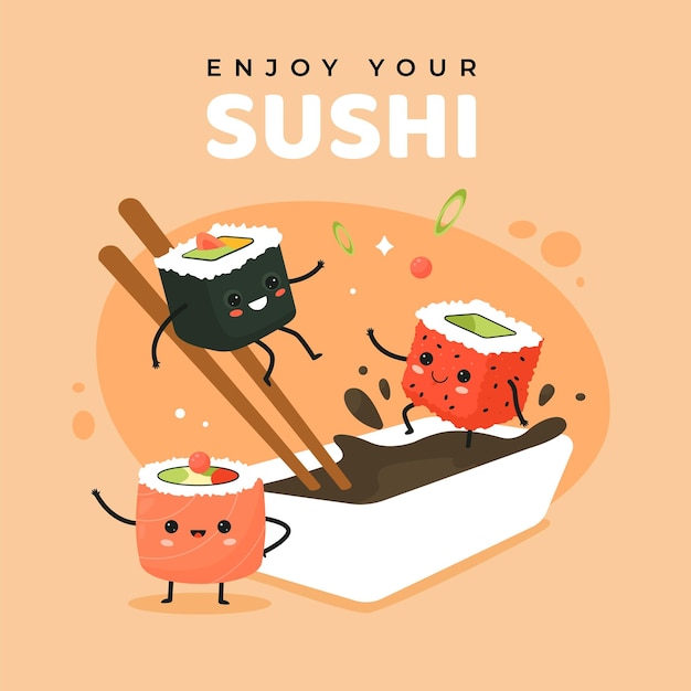 Simpatico poster di involtini di sushi comico piccoli personaggi divertenti del cibo dei cartoni animati saltano nella salsa di soia pubblicizzando la cucina giapponese banner ristorante asiatico o mascotte del caffè con il concetto di vettore di emozione