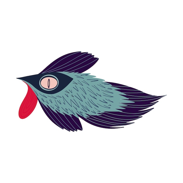 Cute comical birdfish with long wings Illustration in doodle style