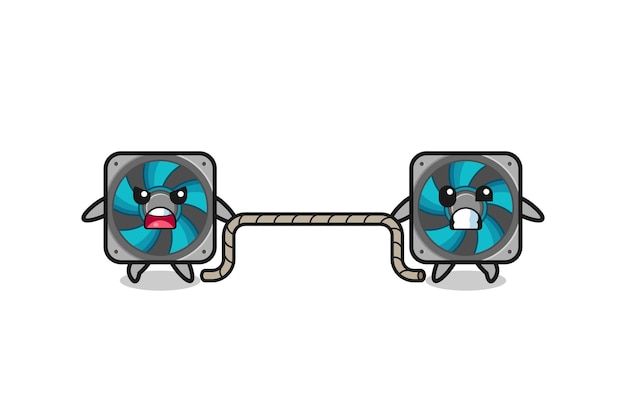 Cute computer fan character is playing tug of war game