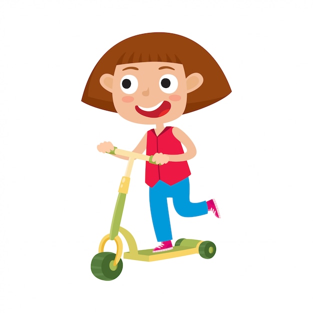 外で楽しんでいる少女のかわいいコンセプトイラスト。屋外キックスクーターに乗って幸せな子。夏休み、シャツとジーンズの自由時間の分離を持つ少女