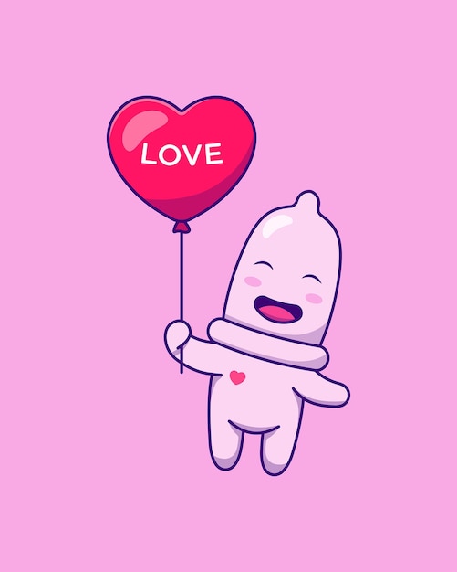 Vector cute condom flying with balloon