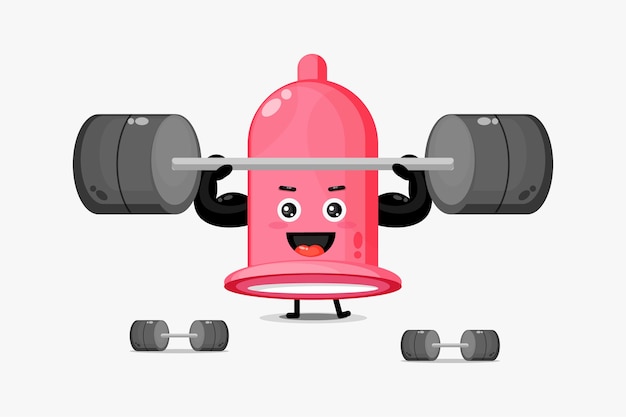 Vector cute condom mascot lifting a barbell