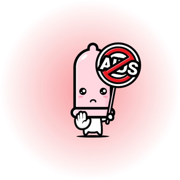 Vector cute condom mascot with stop aids pose