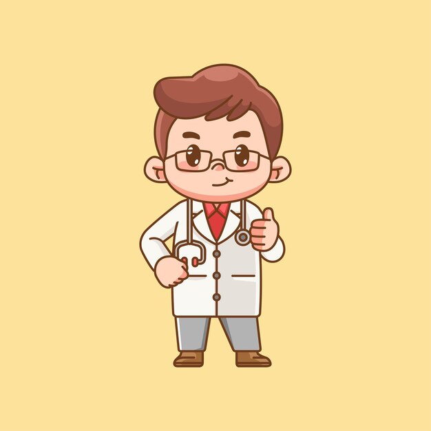 Vector cute confident doctor medical personnel character kawaii chibi character mascot illustration outline