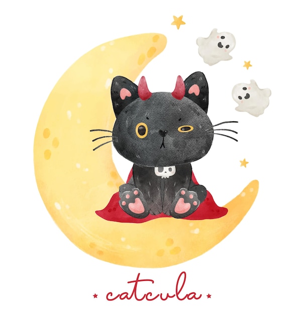 Cute confusing balck cat in vampire costume sitting on crescent moon animal cartoon watercolor