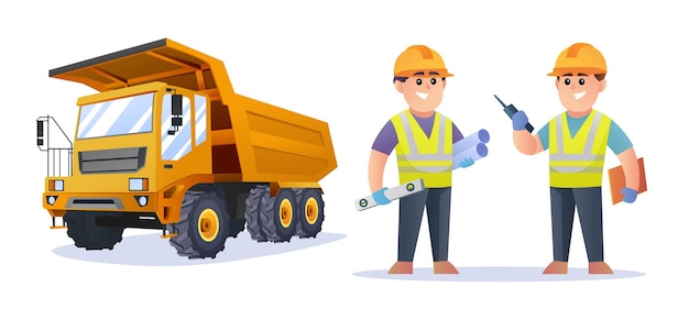 Vector cute construction engineer characters with truck illustration