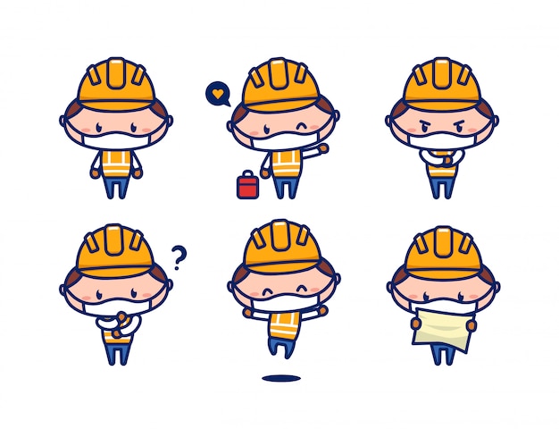 Cute construction worker character mascot with face mask protection from virus