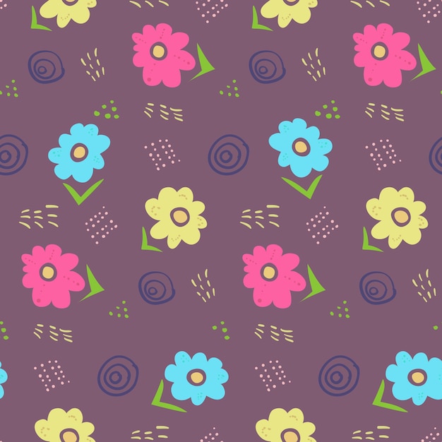 Vector cute contrast dark doodle floral seamless pattern. lovely naive childish texture