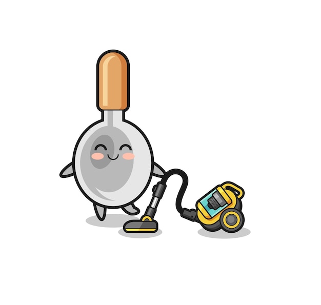 Vector cute cooking spoon holding vacuum cleaner illustration