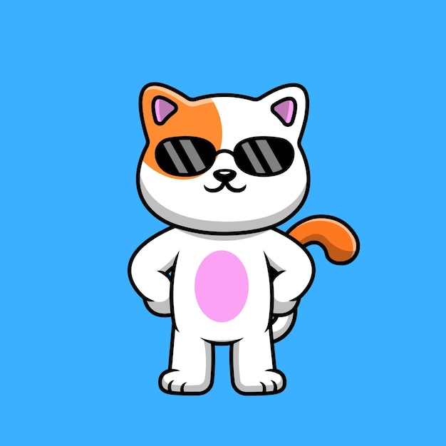 Cute cool cat wearing glasses standing cartoon vector icon illustration