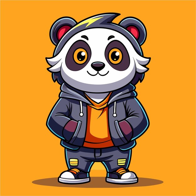 Cute cool panda wearing jacket and sneaker hand drawn cartoon character sticker icon concept