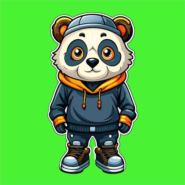 パンダのジャケットとスニーカーを着ているかわいいカートゥーンキャラクター スティッカーアイコンコンセプト
