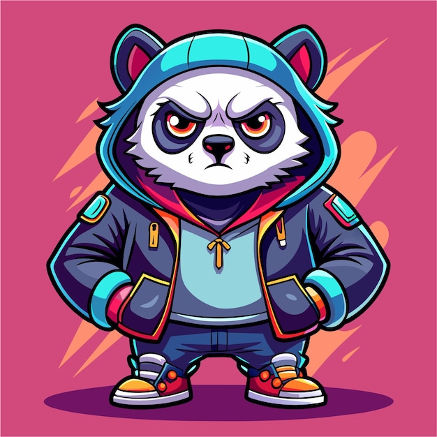 Cute cool panda wearing jacket and sneaker hand drawn cartoon character sticker icon concept