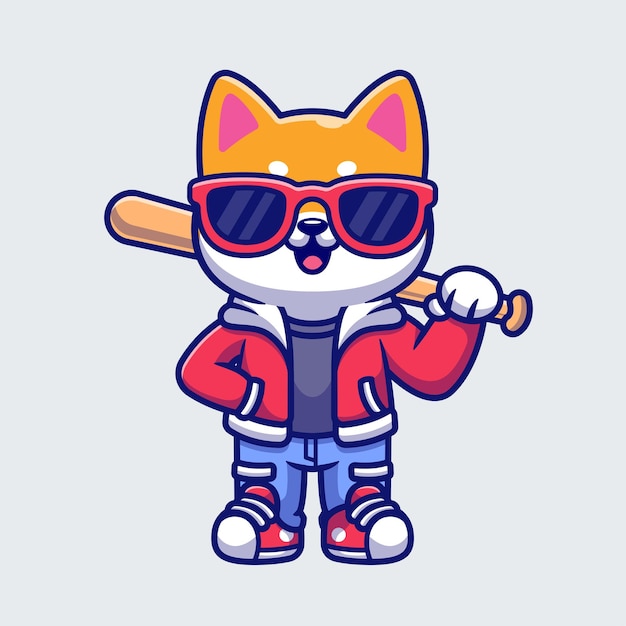 Cute cool shiba inu dog holding baseball bat cartoon vector icon illustration animal fashion flat