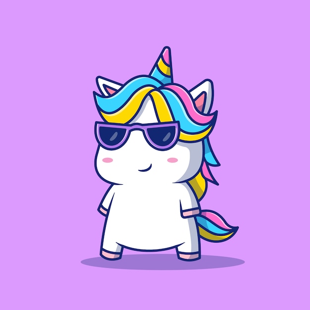 Vector cute cool unicorn wearing glasses cartoon   icon illustration. animal fashion icon concept isolated  . flat cartoon style