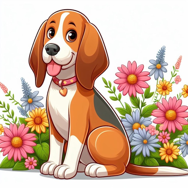 Cute Coonhound Dog and Flowers Vector Cartoon illustration