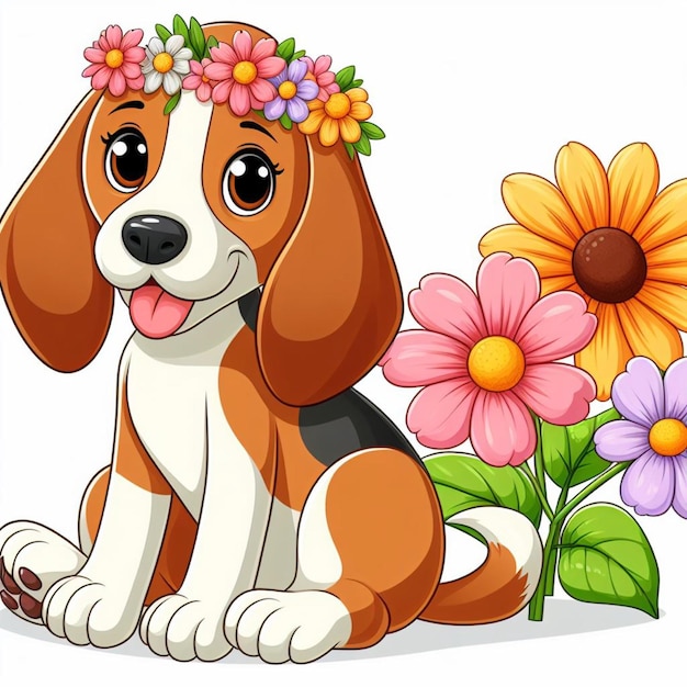 Cute Coonhound Dog and Flowers Vector Cartoon illustration