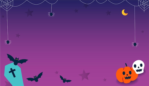 Cute copy space advertising Halloween cartoon online promotion web banner invitation card violet background ghost skull pumpkin jack o lantern bat spider web coffin moon paper display vector