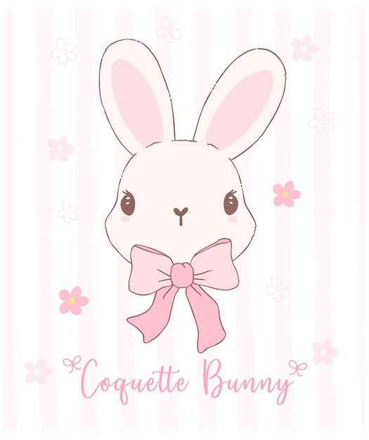 Cute Coquette bunny face with bow Cartoon sweet Retro Happy Easter spring animal